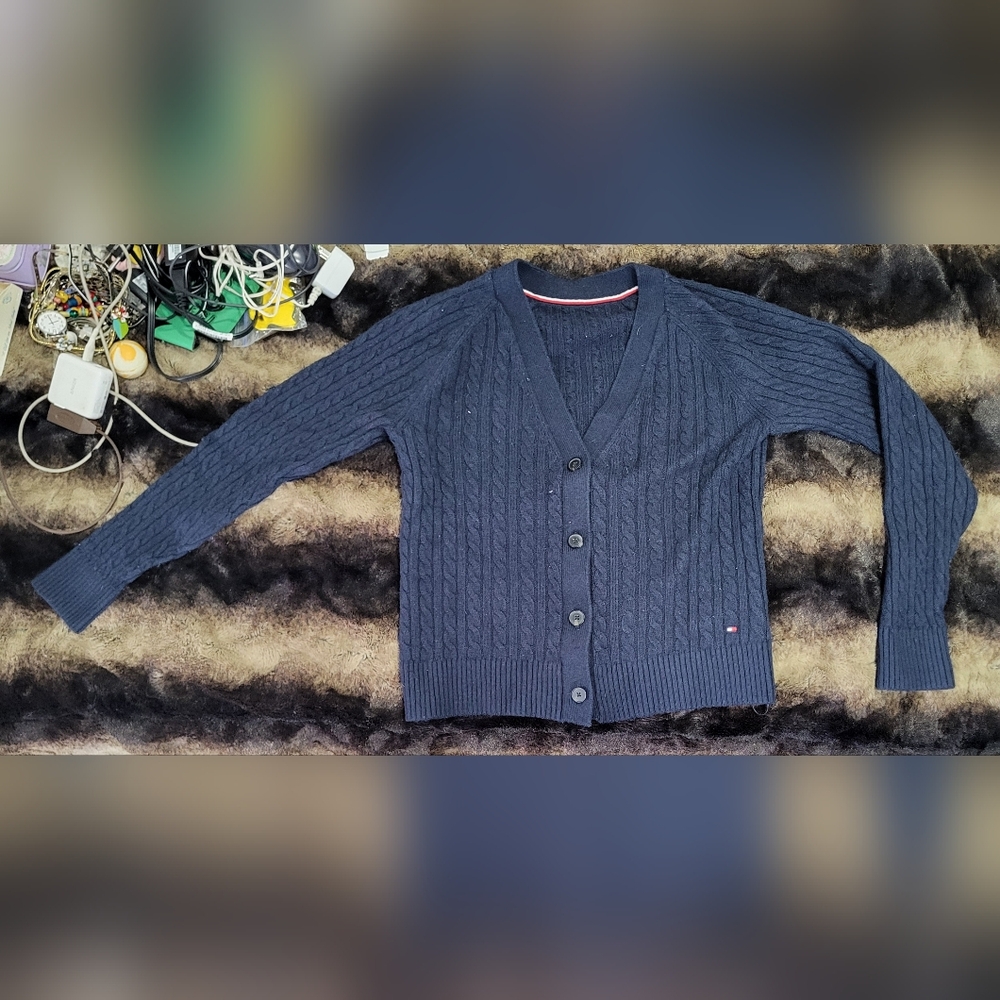 Tommy Hilfiger cardigan cable knit sweater navy button down preppy classic small